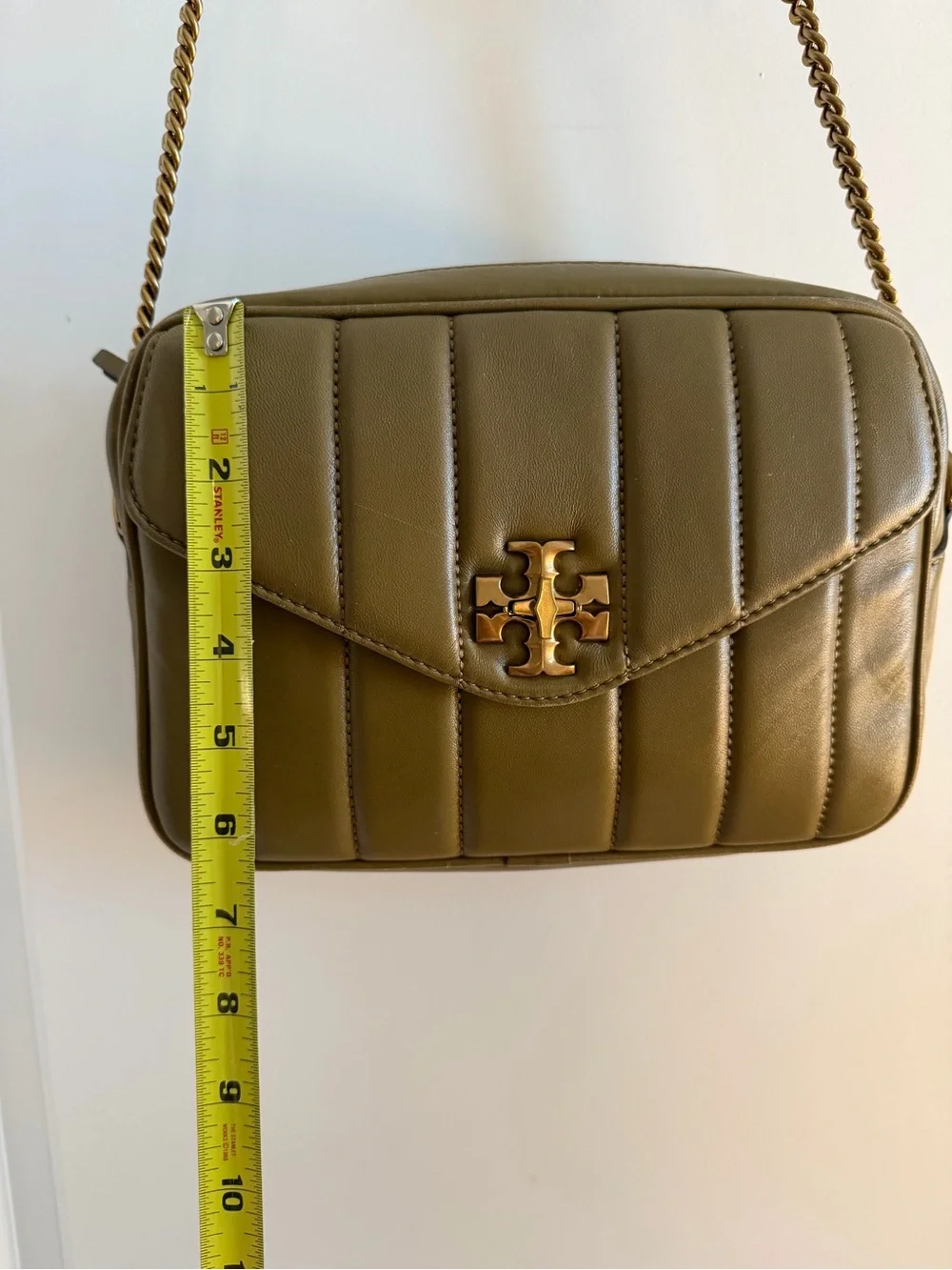 Tory Burch Olive Green Quilted Leather Camera Crossbody with Gold Logo